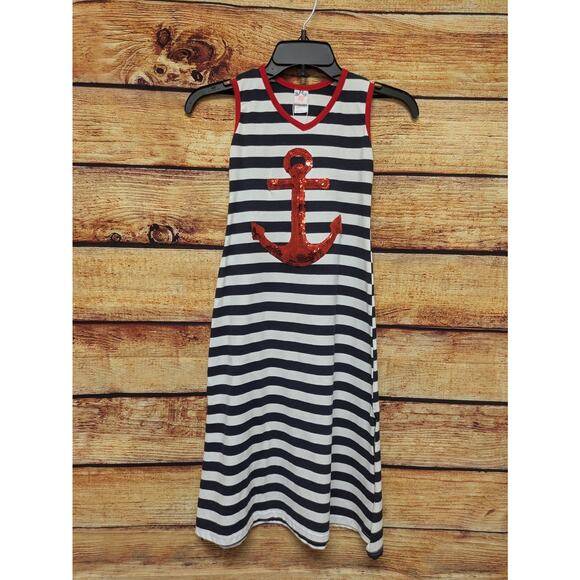 NEW Maxi Summer Nautical Dress Navy White Stripes Red Sequins Anchor Sz 6 - Picture 1 of 6